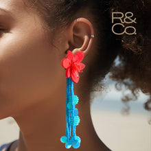 Load image into Gallery viewer, Hibiscus seaside Beaded Drop earrings [red/turq]
