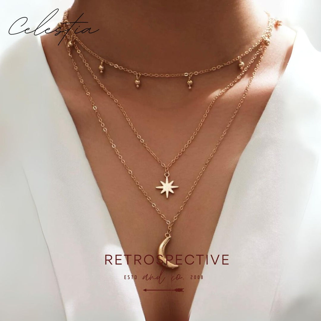 Celestia layered moon and star necklace