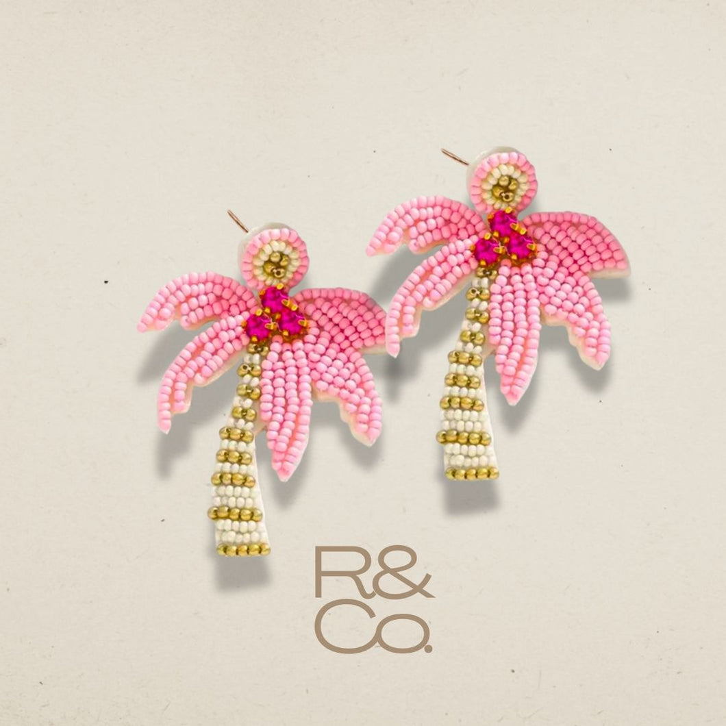 Pink Palm Beaded Drop earrings [pink/cream/gold]
