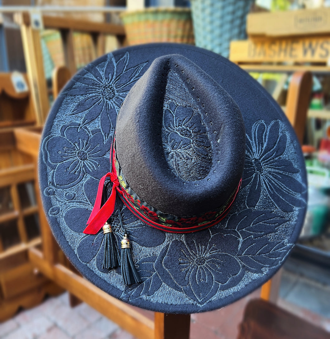 Rose senorita botanical Wide Brim Fedora with tar drop top [Black]