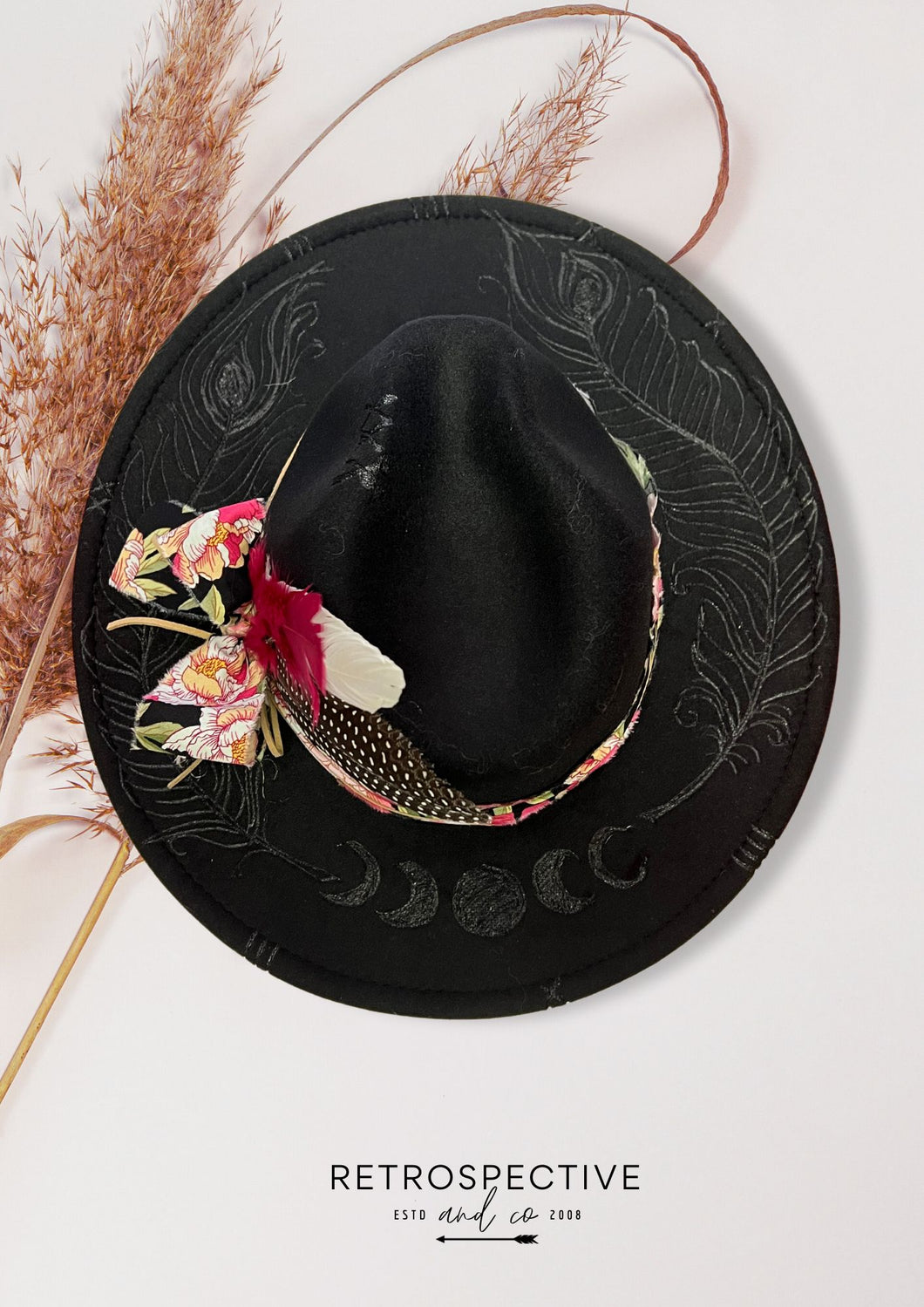 Mystical  moon phase and feather Fedora [Black]