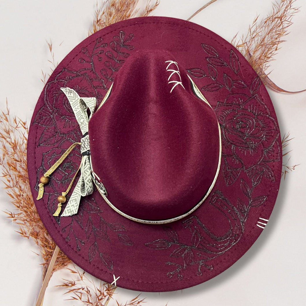 Classic rose Wide Brim Fedora [Burgundy]