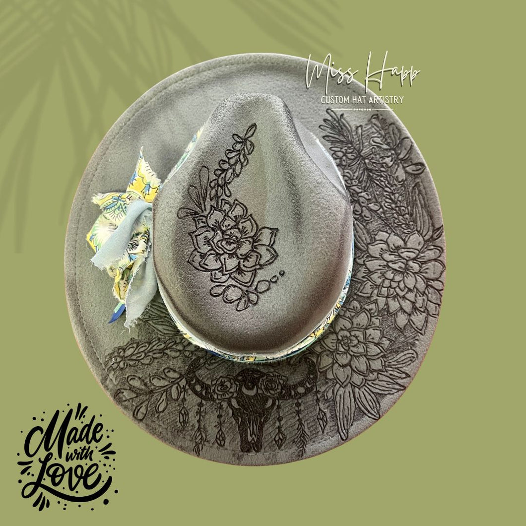 Succulent Desert Garden & Buffalo skull Fedora [Grey]