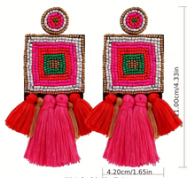 Load image into Gallery viewer, Rio Bejewelled festival tassel earrings [pink/red/green]
